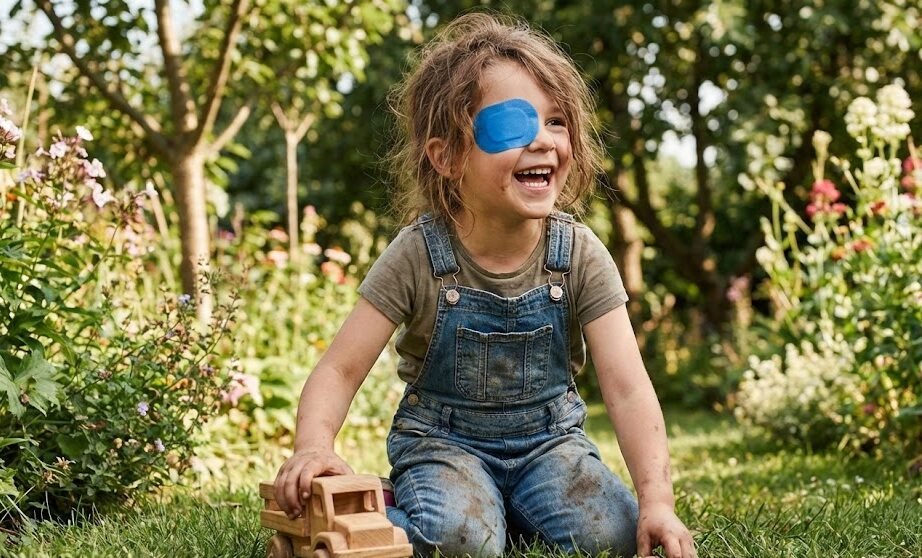 enfant avec patch oculaire jouant dans le jardin