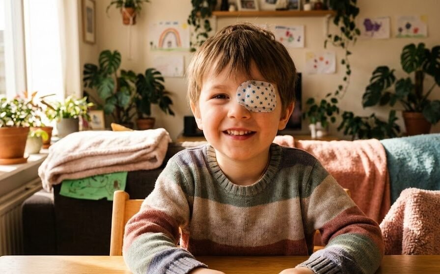 amblyopie chez l'enfant : enfant souriant avec patch oculaire